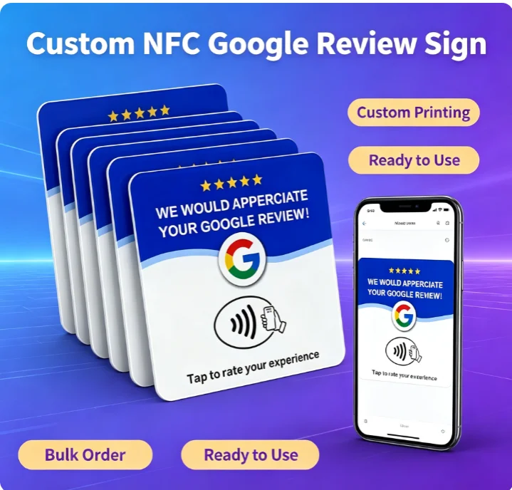 書き換え可能なnfc-googleレビュー用タグ。自己接着式のpvcカード。円形または正方形の卓上プレート。店舗の評価収集に。