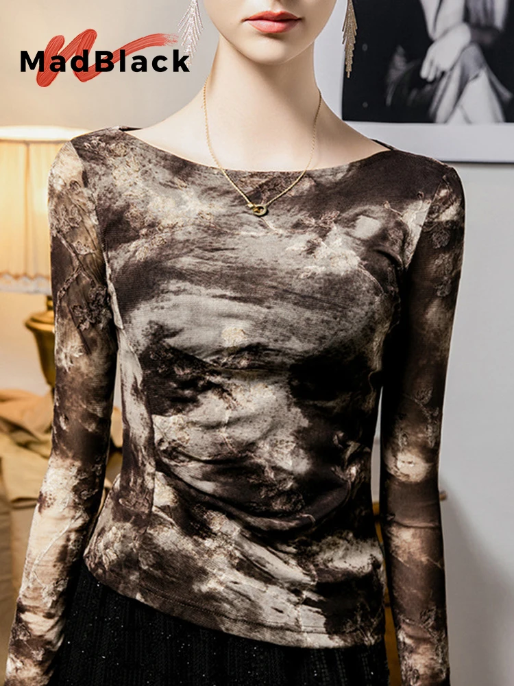 

MadBlack-Women's European Flocking T-Shirt, Sexy Slash Neck Print Top, Vintage Long Sleeve Slim Tee, 2024 Autumn Winter T4N205CC