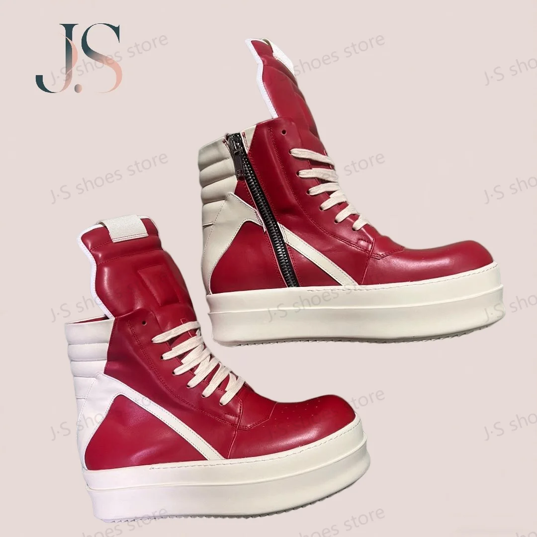 R-o Classic Men Shoe Women Sneaker Red Leather Ankle Boot High Top Casual Shoes Zipper Lace Up 6cm Thick Sole Sneakers Boots
