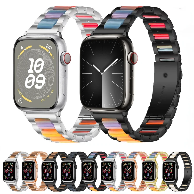 Correa de Metal y resina para Apple Watch, banda de lujo de acero inoxidable para IWatch Ultra2, 10, 9, 8, 7, 46mm, 45mm, 41mm, 6, 5, 4, SE2, 44mm, 42mm, 40mm