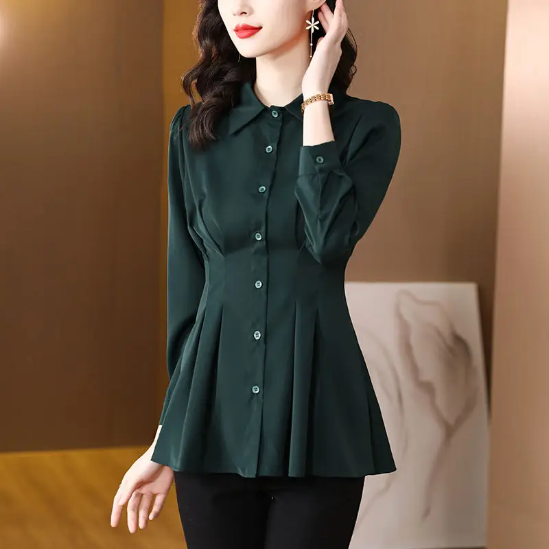 

Fashion Folds Slim Waist Shirt Female Clothing Solid Color Long Sleeve Spring Autumn Single-breasted Commute Polo-Neck Blouse