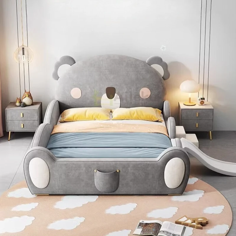 سرير أطفال من الخشب الصلب للأولاد والبنات الأميرة الدب البني سرير منزلق خفيف فاخر فردي مع درابزين أثاث غرفة نوم مضاد للسقوط