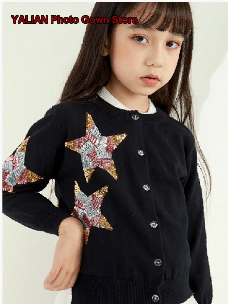 Girls Knit Spring 2026 Pure Cotton Long Sleeves Solid Color Sequin Sweater Coat