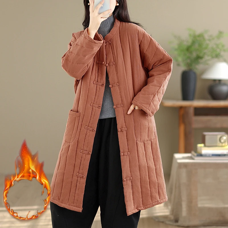 جديد الصينية Sle المرأة Thiened القطن Jaet شتاء جديد الكتان منتصف طول الرجعية زر القطن معطف الركبة طول اللون #2