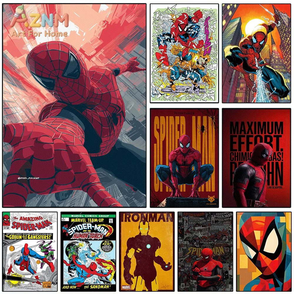 AZNM Spiderman Superhero Comic Canvas Wall Print, Cool Hero Character Art Poster, Unframed Canvas Painting for Boys Bedroom Ga