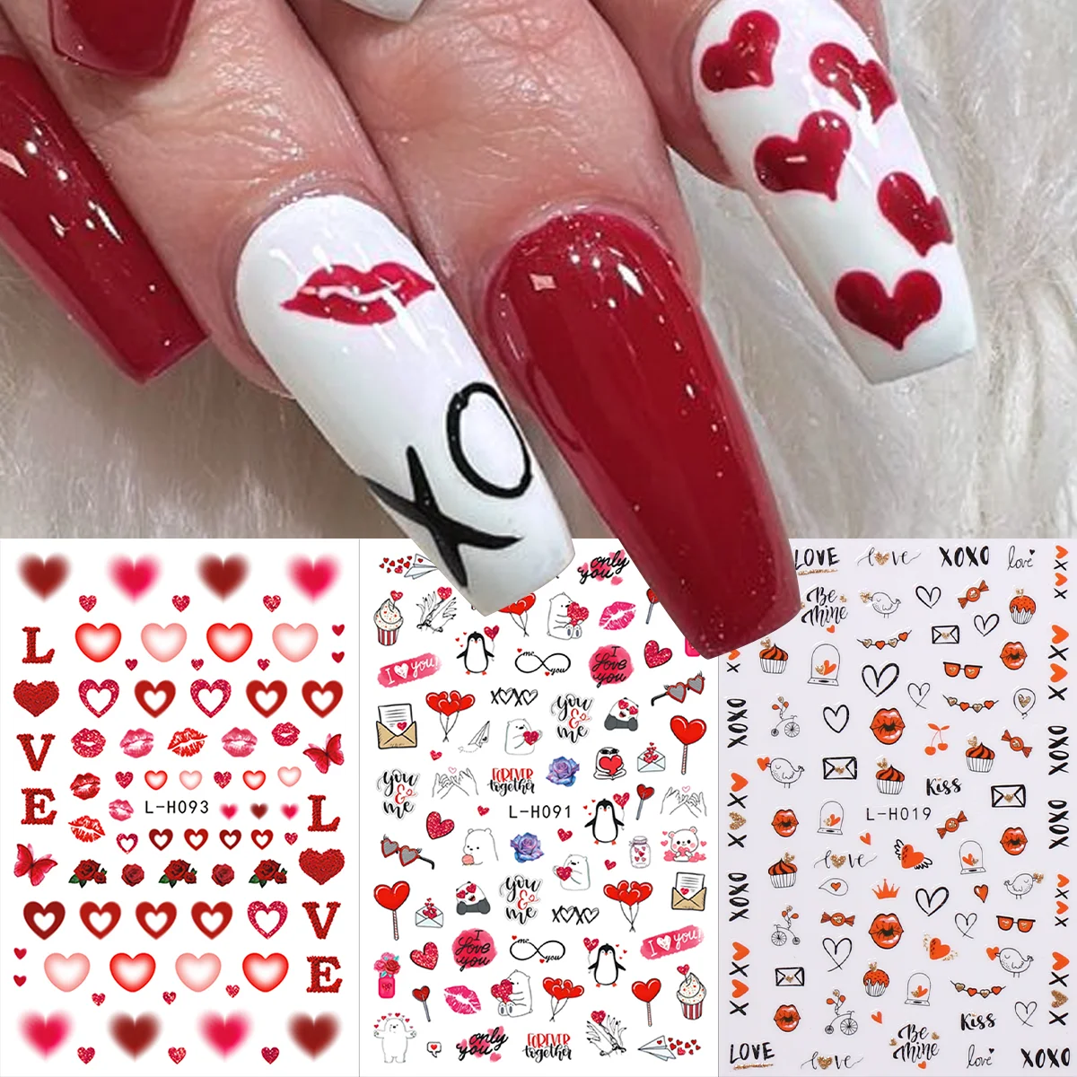 3 Stück Cartoon-Liebeslippen-Glitzer-Nagelkunst-Aufkleber, 3D-Aufkleber, Valentinstag, einfach aufzutragende Nageldekoration, DIY, Geschenk, Y2K,