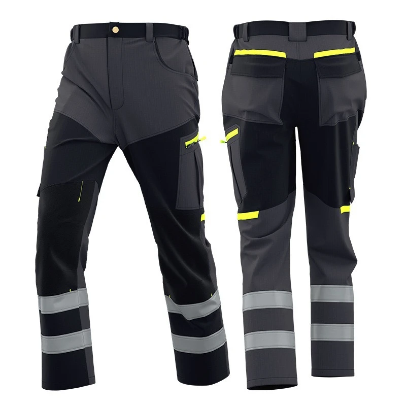 Men's Workwear pants with Hi Vis stripes Multi-Pockets Cargo Trousers Blue Grey Black
