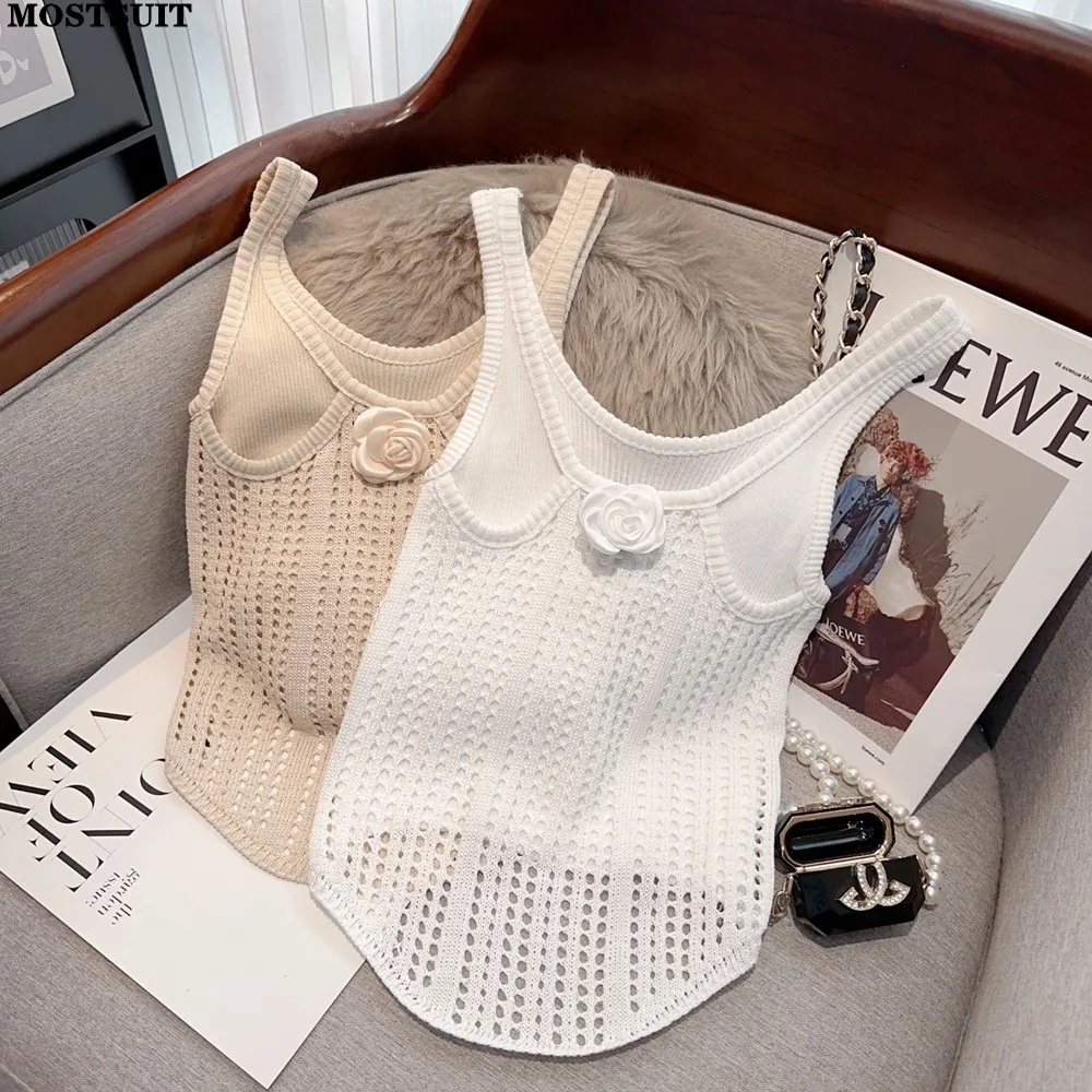 Summer Sexy Hollow Knit Sweater Vests Women Stereo Flower Stylish Fashion Chic Crop Tops Tees Sleeveless Vintage Elegant Vest