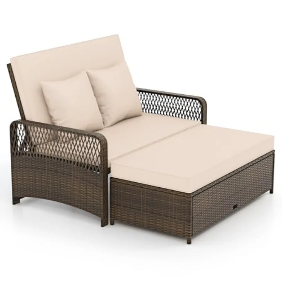 Patio rattan daybed for backyard, porch, poolside use; beige wicker with soft cushions, 4-level adjustable backrest, 2-person c