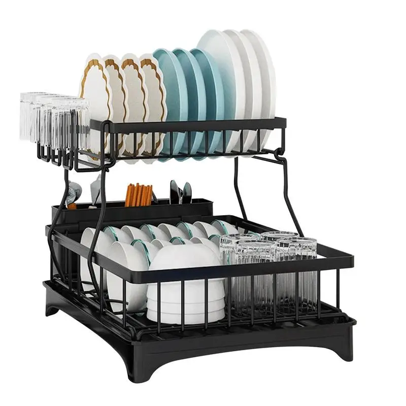 

2 Tier Dish Drying Rack Adjustable Kitchenware Organizer Household Multifunctional Countertop Black Draining Storage Holder