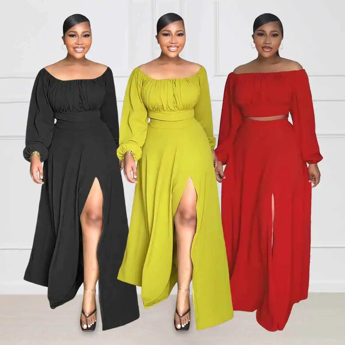

Shoulder Bared High Waist Dress And Long Skirt Set Elegant Winter Outfit for Women Long Sleeve Three Piece Set