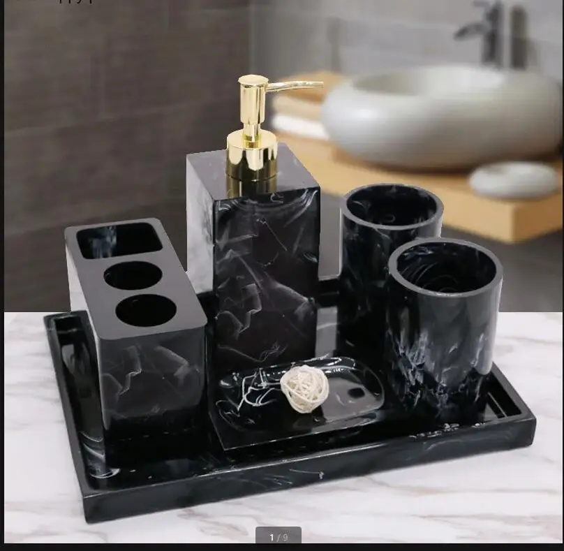 

Ink Pattern Bathroom Five-piece Set Resin Wash Sets Storage Tray Toiletries Mouthwash Home Supplies