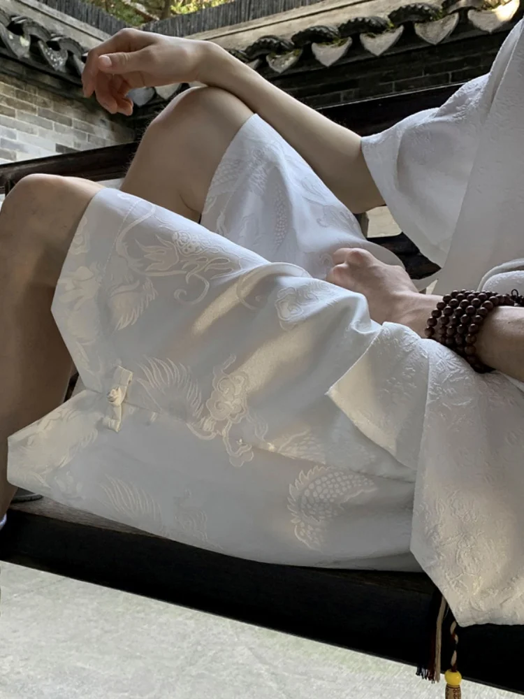 

Мужские летние шорты из ледяного шелка, новая модель, прямые, свободные, в китайском стиле, повседневные, с вышивкой, тонкие, с охлаждающим эффектом