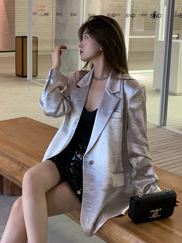 2024 Spring Autumn Silver Grey Satin Luxury Blazer Women\'s Textured Jacket High Quality Acetate Coat korean popular clothes y2k