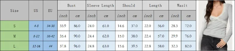 Y2K Damen Spitzenbesatz V-Ausschnitt Langarm Crop Top Slim Fit T-Shirt Vintage Geripptes Strick-Fitted Basic Tee Lässige Streetwear – Detail 1