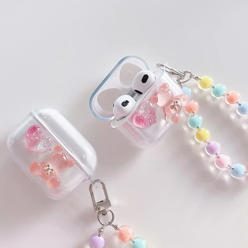 

Bluetooth Earphone Clear Silicone Case For Airpods 1/2/3/Pro Protective Cover Cute Bear Bradde Chain Cases For Airpods Pro 2