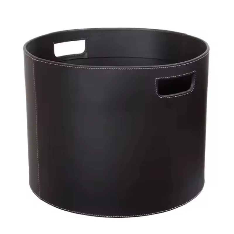 

Leather storage with handle Multifunctional household imitation leather round storage bucket