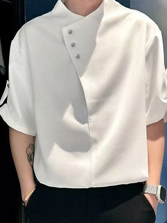 

Retro Men's Summer irt Loose Fit Hong Kong Sle Student Casual Outerwear Fun New Design Youth ular Stand Tailoring