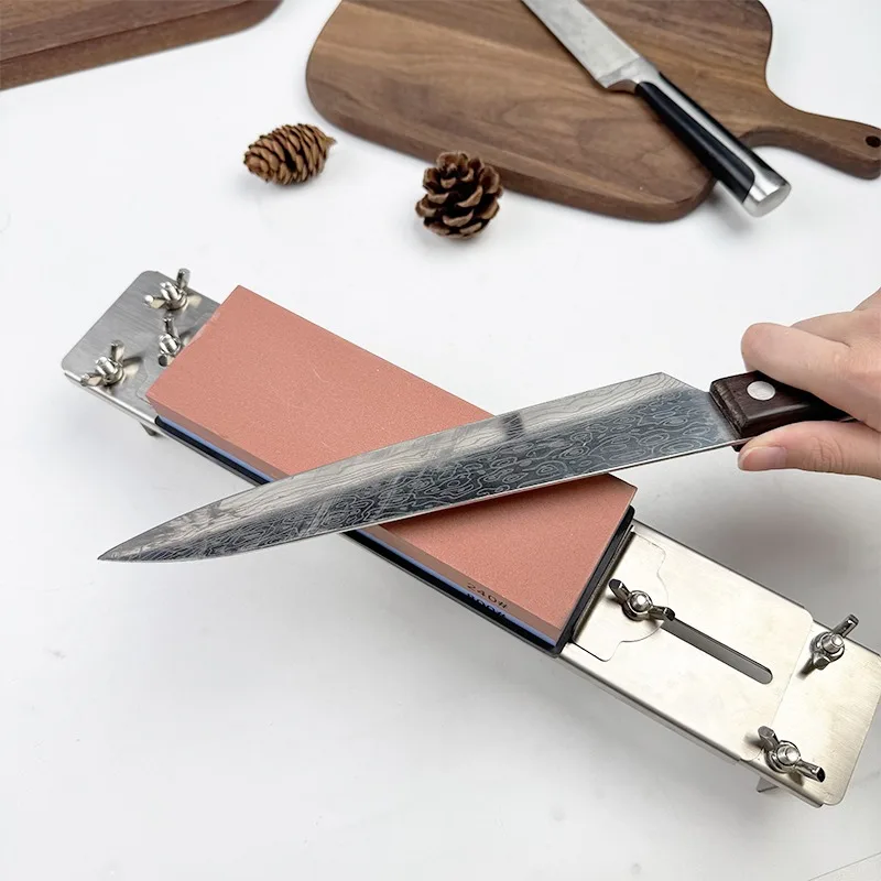 

Stainless Steel Adjustable Knife Sharpener Stand with Double-Sided Whetstone Durable Chef's Knife Sharpening System