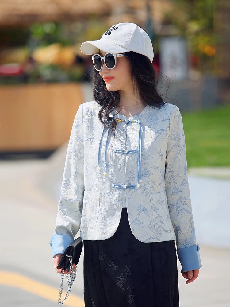 

New Chinese Sle ort Jaet Women's Design Heavy Embroidery Satin Surface round Ne Open Cardigan Long Sve Floral Pattern