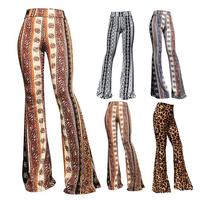 High Stretch Women Pants Soft Stretch Pants Vintage 70s Leopard Print Flared Hem Long Pants for Women High Elastic Waist