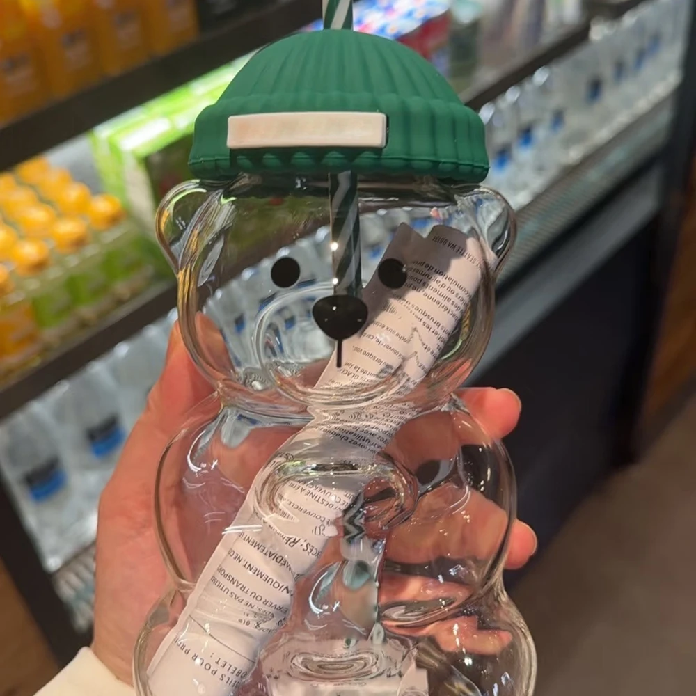 2025 New 500ML Cartoon Bear Shaped Coffee Mug Cute Bear Mug Glass Cup With Straw Transparent Creative Milk Coffee Water Cups