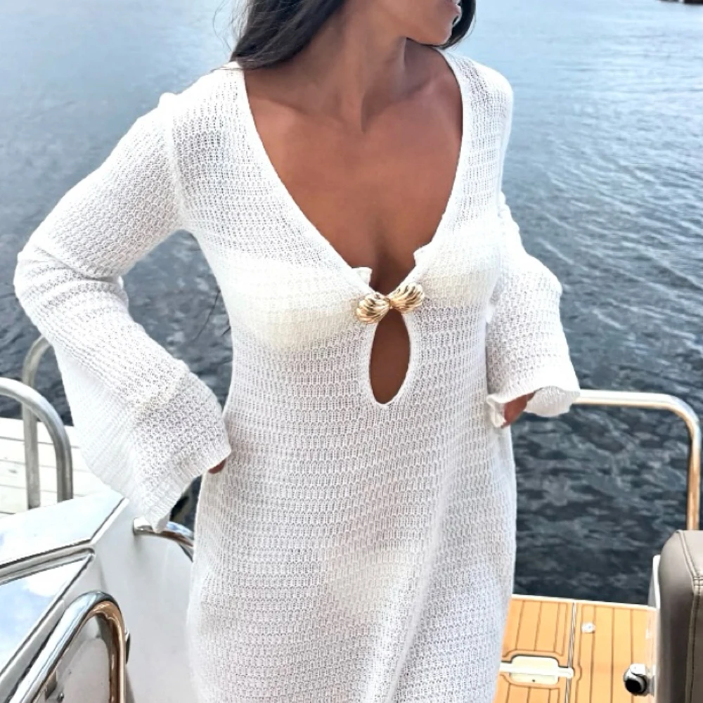 Strandurlaub Pool Party Mode Kurzer Stil Cover Up Kleid, Muscheldekoration Stricken Hollow Out Langarmkleid