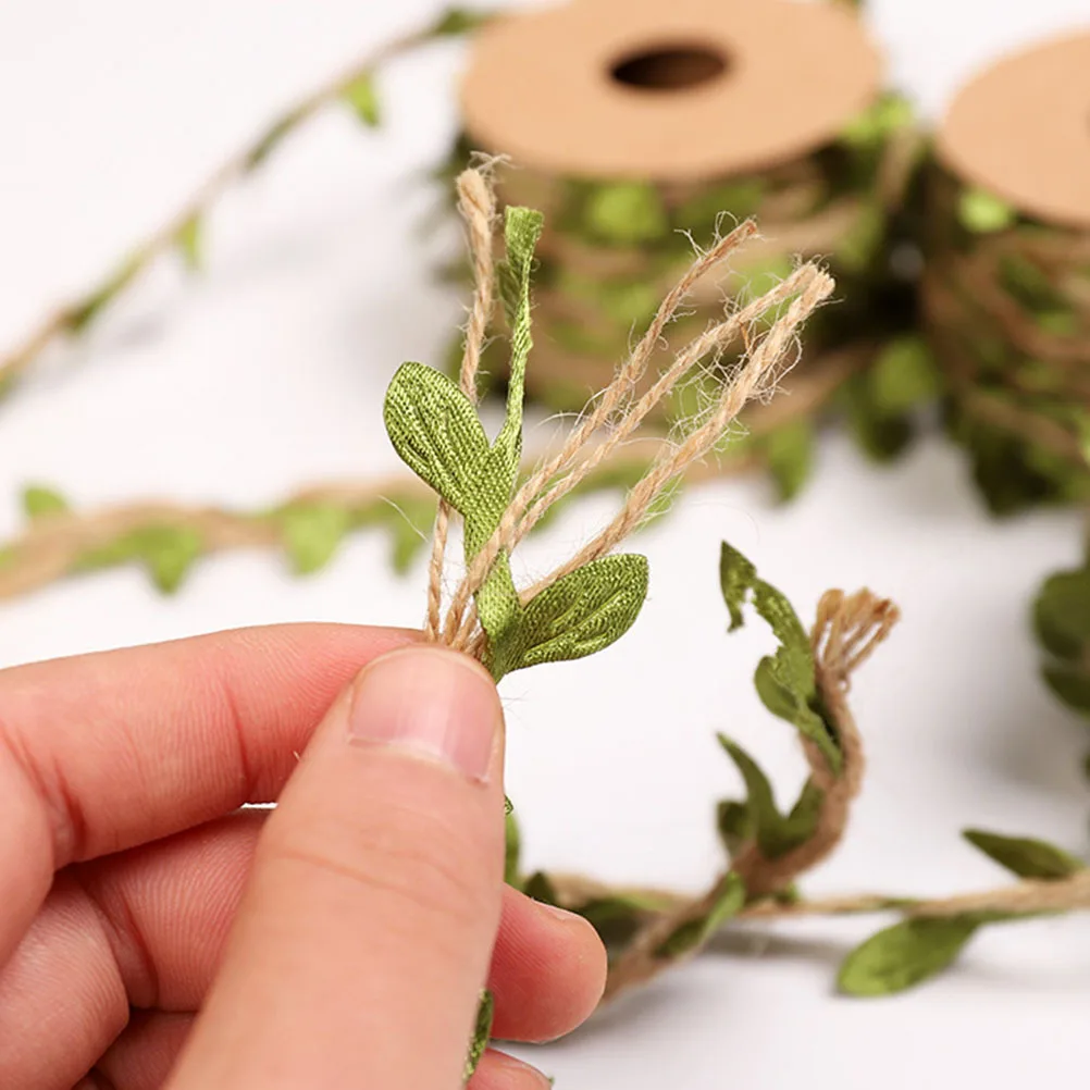 

3 Rolls 5M Simulated Green Leaf Decoration Ribbon Linen Rope For Wedding Party Gift Packaging Diy Hanging Fake Leaf Ribbons