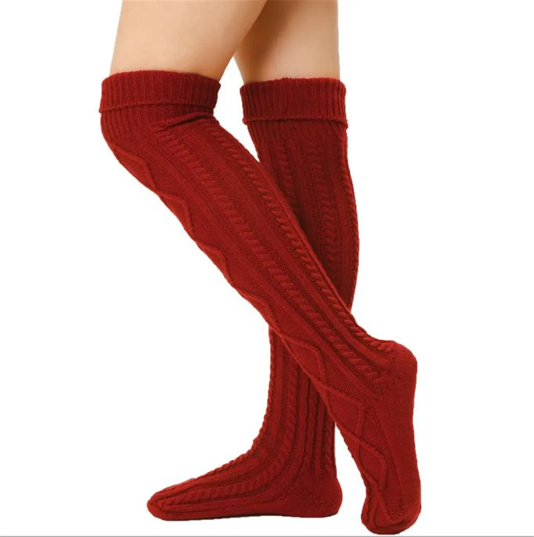 Calcetines de punto con rombos para invierno, vestido suelto de lana, grueso por encima de la rodilla