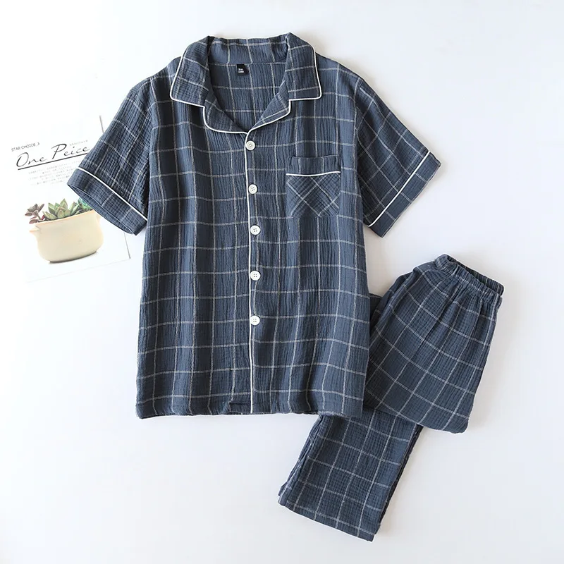 Men's Spring Summer Cotton Pajamas New Short-Sleeved Trousers Home Clothes Suit Lightweight for Hotel Use