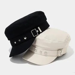2023 Trendy Women Metal Buckle Cotton Military Cap Autumn Winter Elegant Ladies Star Belt Beret Hat Leisure Streetwear Flat Cap