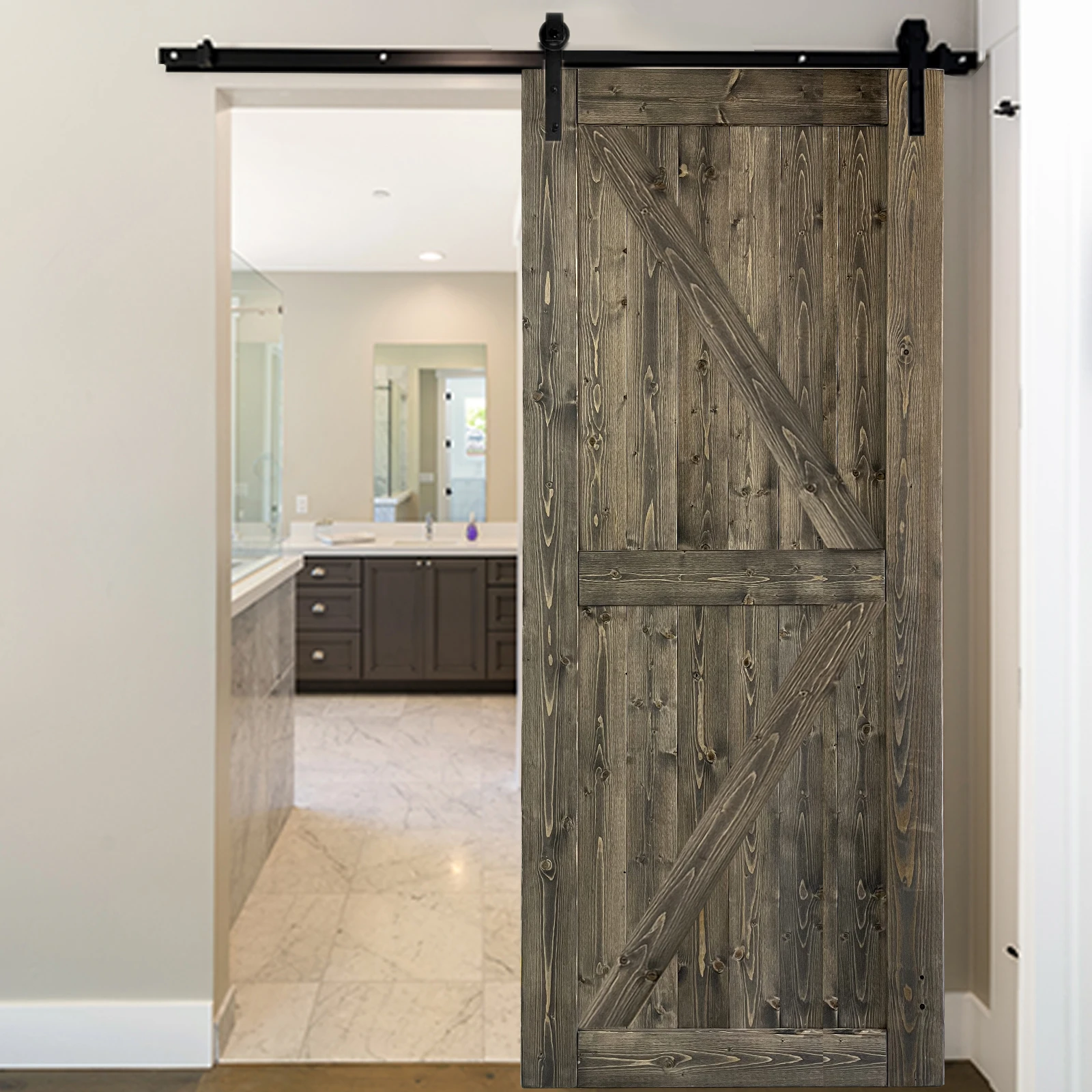 

36 in. x 84 in. Sliding Barn Door with 6.6FT Barn Door Hardware Kit & Handle ，K Frame，Solid Spruce Wood，gray spray paint