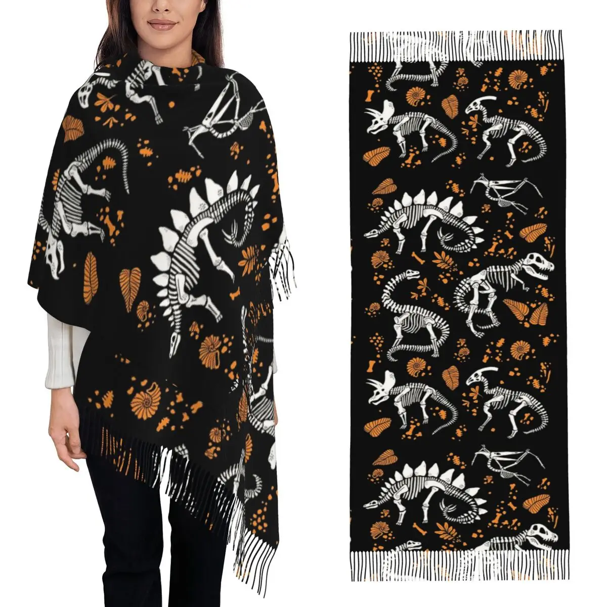 Excavated Dinosaur Fossils Halloween Scarf Tassel Scarves Women Soft Warm Shawls and Wraps Long Fall Winter Shawl Wrap