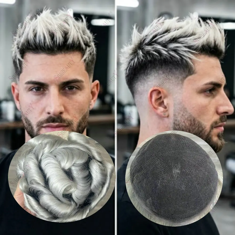Natural Hairline 1BT60r# 1BT613 Ombre Blonde Men's Capillary Prosthesis Full Swiss Lace Grey Human Hair Bleach Knots Men Toupee