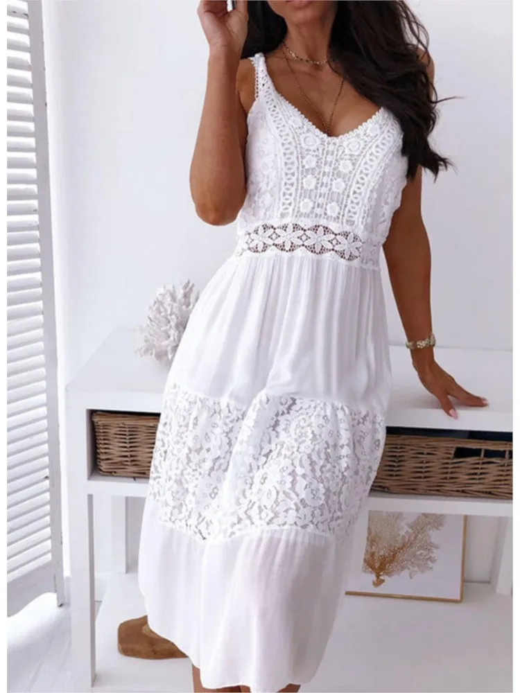 Women Boho Sexy Backless Midi Dress 2025 Summer Fashion Spaghetti Strap White Lace Patchwork Casual Beach Sleeveless Dresses