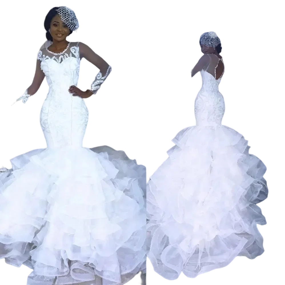 

Customized Beauty See Through Long Sleeves African Wedding Dresses Sweep Train Open Back Tiered Skirts Nigerian Bridal Gowns