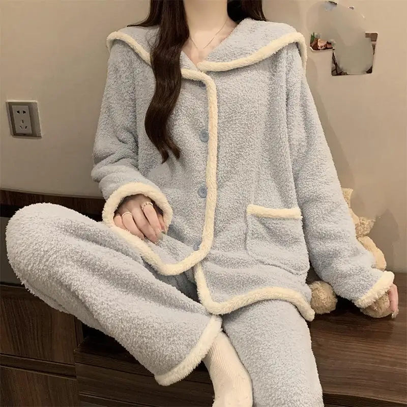 Women's Autumn Winter Thick Coral Fleece Navy Collar Long Sleeved Long Pants Sleepwear Set Warm Home Clothes New Two-Piece Set
