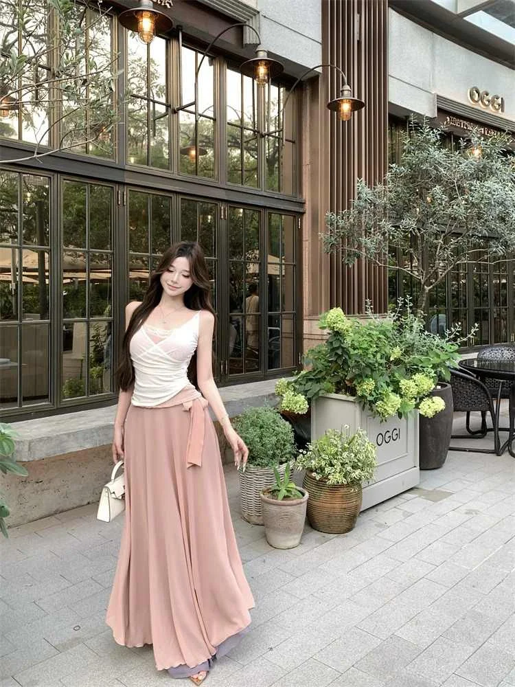 

Chic Semi-Formal Women's Faion Set Gentle Splicing ort Sve round Ne Long Pants Summer Outfit Two-Piece Suit