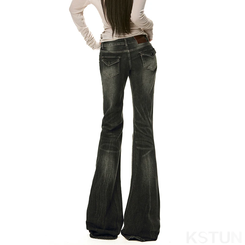 KSTUN Spicy Girl Low-rise Jeans Gray Stretch Women's Slim Flared Pants Office Lady Bell Bottom Trousers Vintage Fashion Pockets