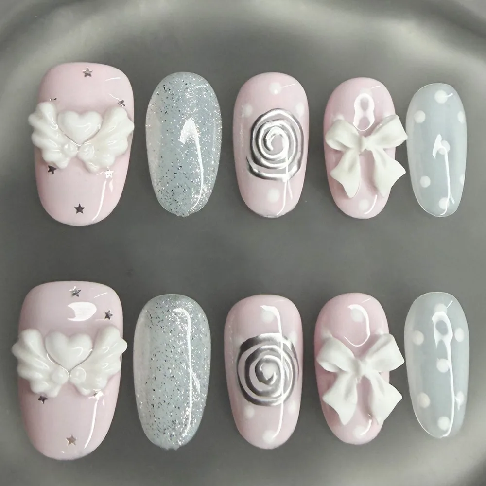 Korean Vintage Wishcore Short Handmade Press On Nails Gentle Girly Cute Polka Dot Pink White Nail Art 3D Bow Wings Fake Nails
