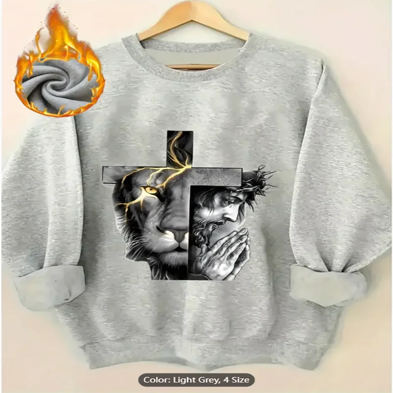 

Женская абрикосовая толстовка с графическим принтом в виде креста и льва на флисовой подкладке, повседневный пуловер большого размера, топ для религиозных стильных любителей