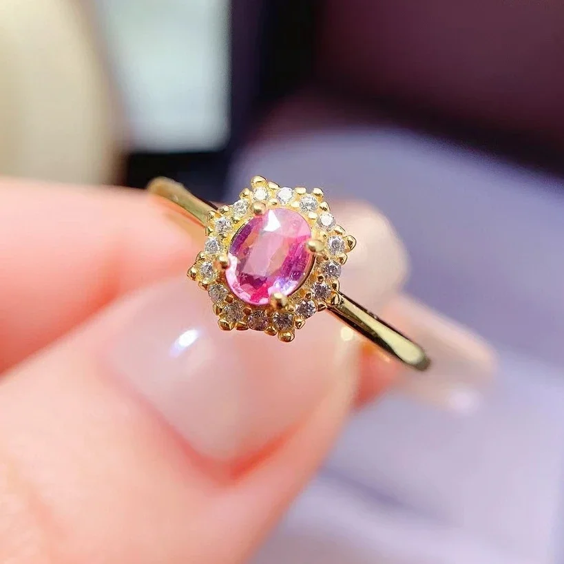 Classic Engagement Ring for Women 4mm*5mm Natural Sapphire Ring 18K Gold Plated Pink Sapphire 925 Silver Jewelry
