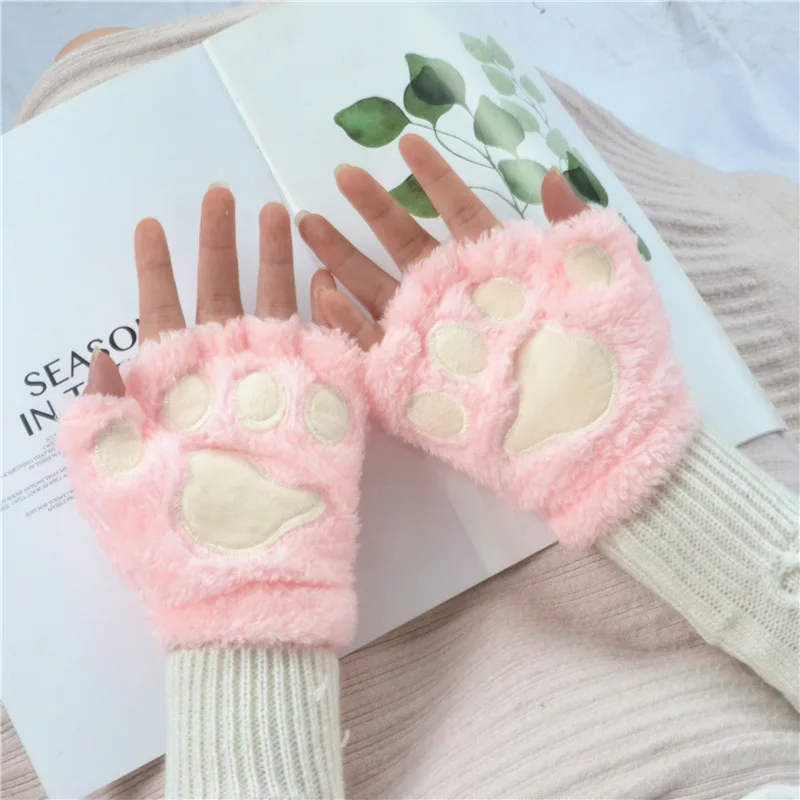 Women Bear Plush Cat Paw Claw Gloves Winter Faux Fur Cute Kitten Fingerless Mittens Gloves Christmas Halloween for Womens Girls