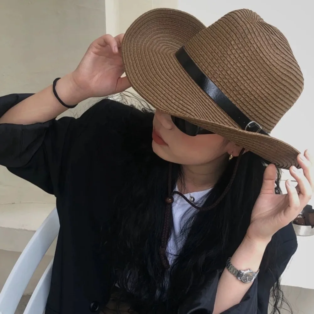 

Vintage Summer Western Cowboy Hat Wide Brim Foldable Straw Visor Hat Boho Outdoor Sun Protection Cap Beach