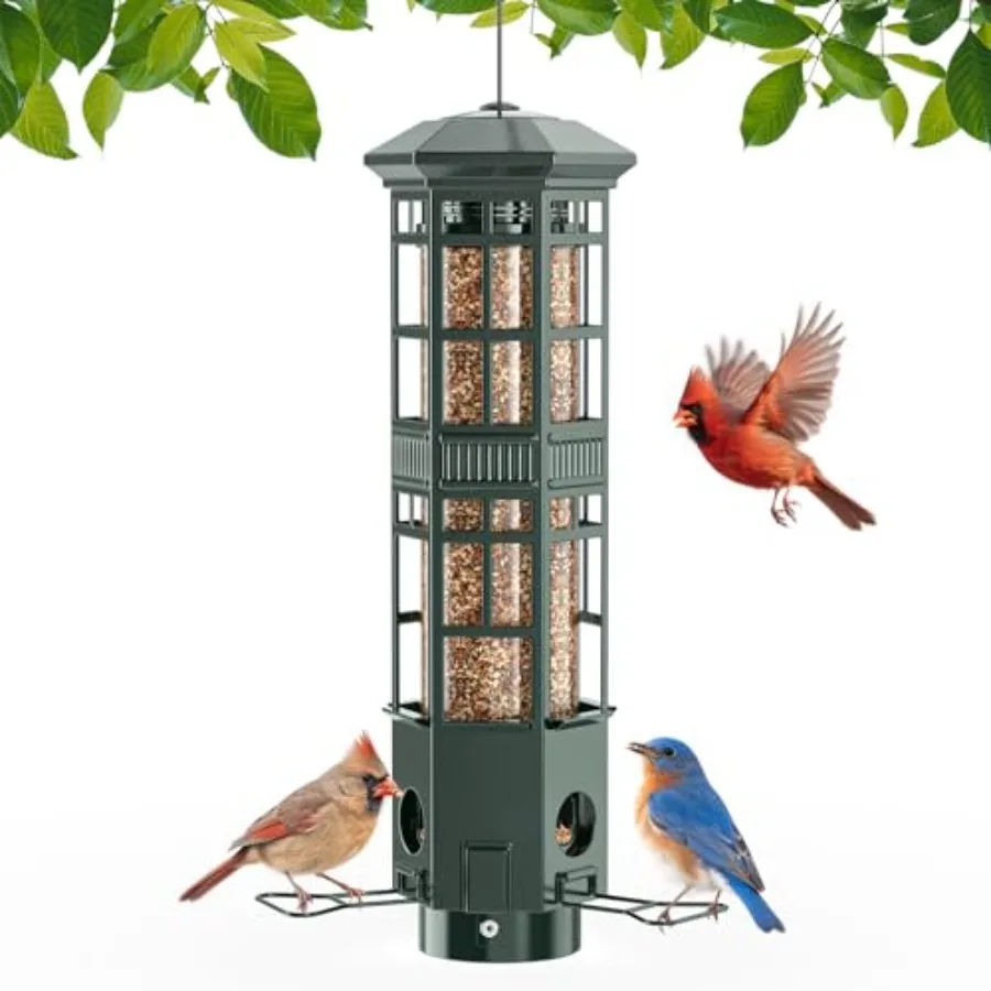 

Squirrel Proof Bird Feeder for Outdoors Gravity Spring Hanging Metal Bird Feeder 3 Port Chew-Proof and Weather Resistant 3LB La