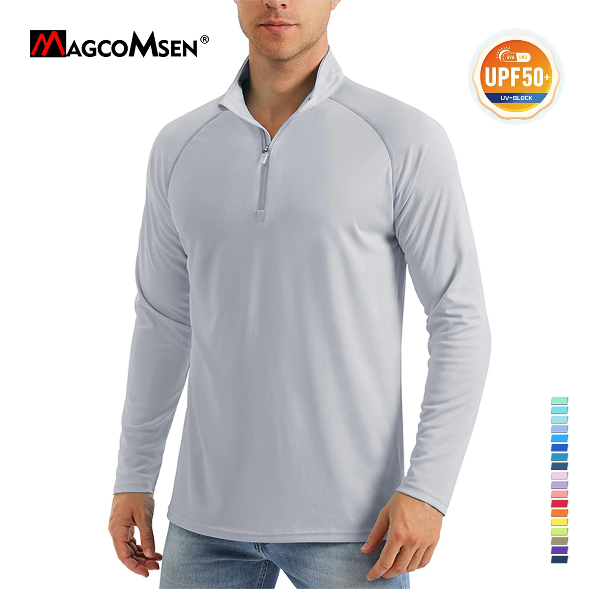 MAGCOMSEN UPF50+ Men's T-shirt UV Sun Protection Long Sleeve Hiking Fishing Shirt Quick Dry 1/4 Zip Summer Workout Pullover Tops