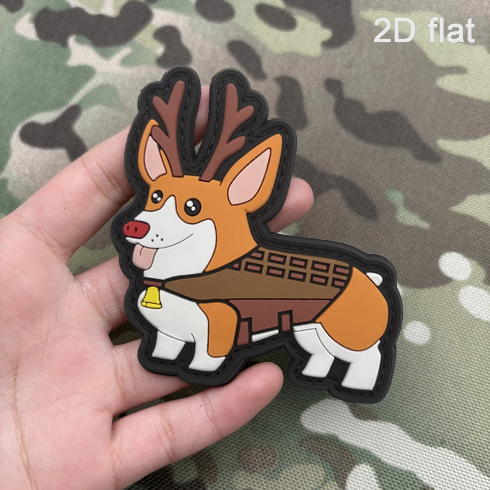 Cute Red-Nosed Deer Antler Tactical Strap Corgi 1Pc Rubber Glow-In-The-Dark Effect Velcro Patch with Matching Plush Surface, Full Coverage Black Edge Layered Soft Rubber, Suitable for Tactical Vests, Backpacks, Baseball Caps, Various Clothing Accessories, Daily Wear