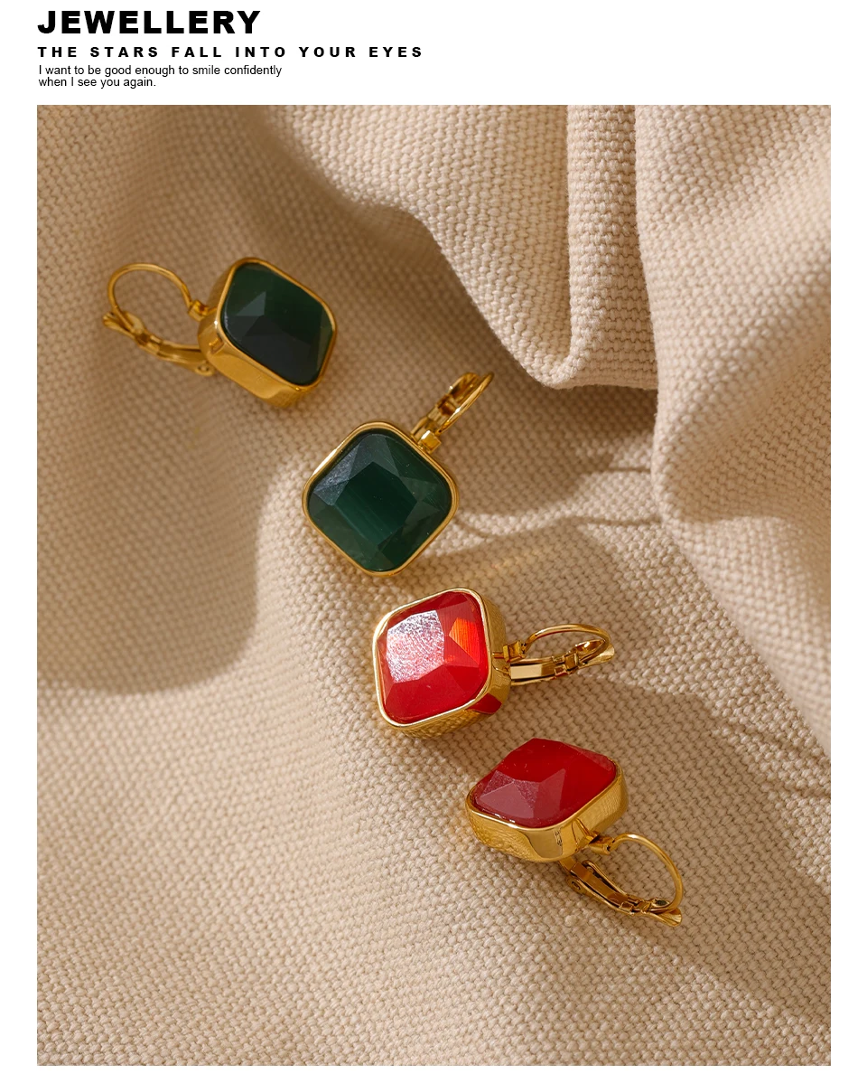 Yhpup Zarte bunte Vintage-Charm, quadratischer Opalstein, französische Hakenohrringe, Edelstahl, 18 Karat vergoldet, wasserfester Schmuck – Detail 11