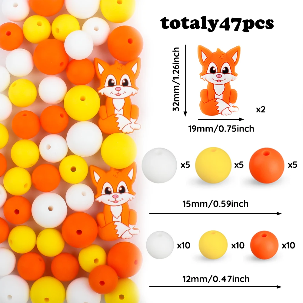 47Pcs/Set Fox Silicone Beads Animal Focal Beads Set For Jewelry Making DIY Necklaces Beaded Pen KeyChain Bracelet Accessories