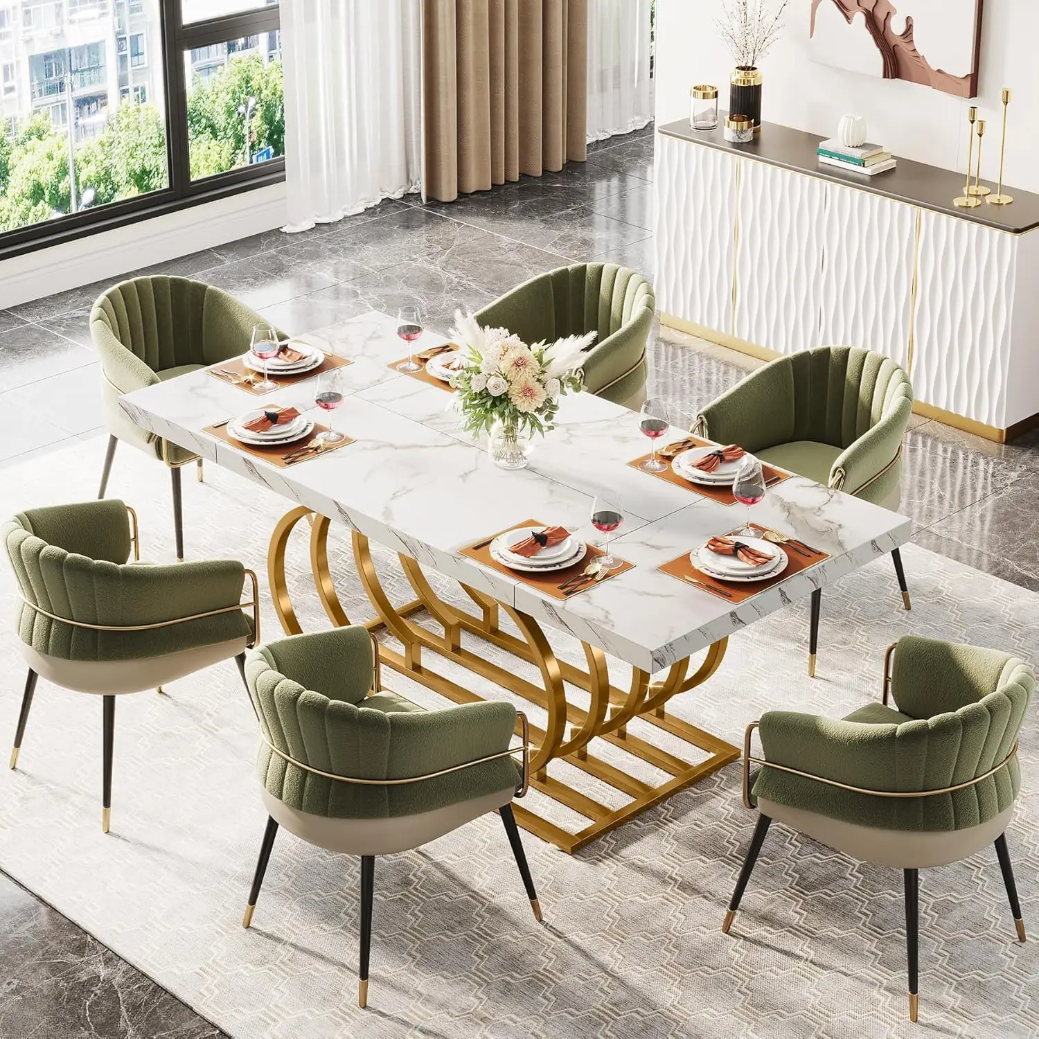 Modern Faux Marble Wood Dining Room Table for 6 People, Rectangular Kitchen Table with Metal Frame for Kitchen, Dining Room